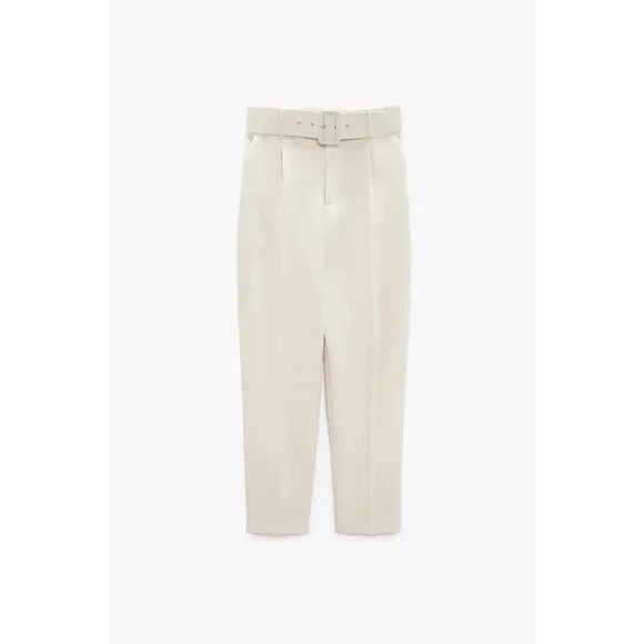 NWOT ZARA XS High-Waist Trousers With Wide Belt Neutral Cream High Rise - Picture 3 of 16